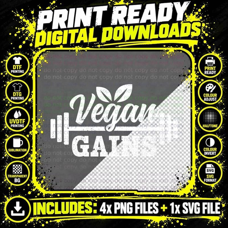 Vegan Gains Plant Fitness Gym Funny Vegetarian Png SVG Digital Bundle