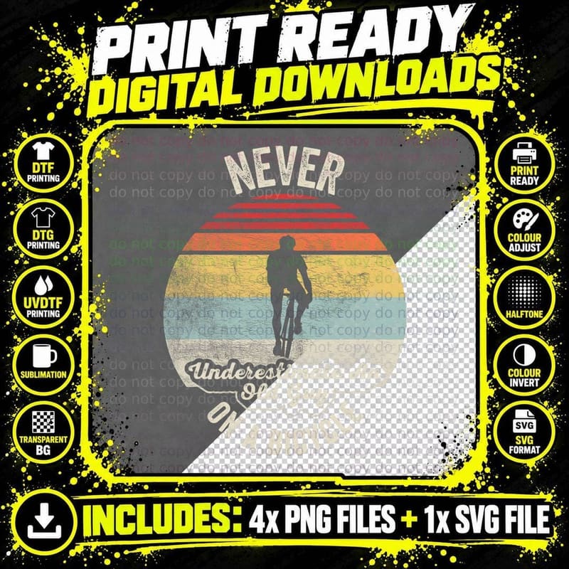 Vintage Never Underestimate an Old Guy on a Bicycle Png SVG Digital Bundle