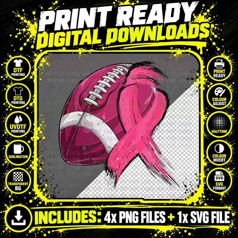 We Pink Ribbon Football Warrior Breast Cancer Awareness Png SVG Digital Bundle