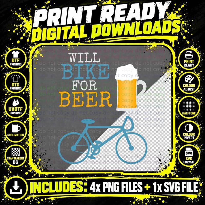 Will Bike for Beer Biking Cycling Bicycle Stein Mug Png SVG Digital Bundle