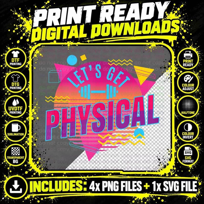 Lets Get Physical Totally Rad 90s Style Workout Gym Png SVG Digital Bundle