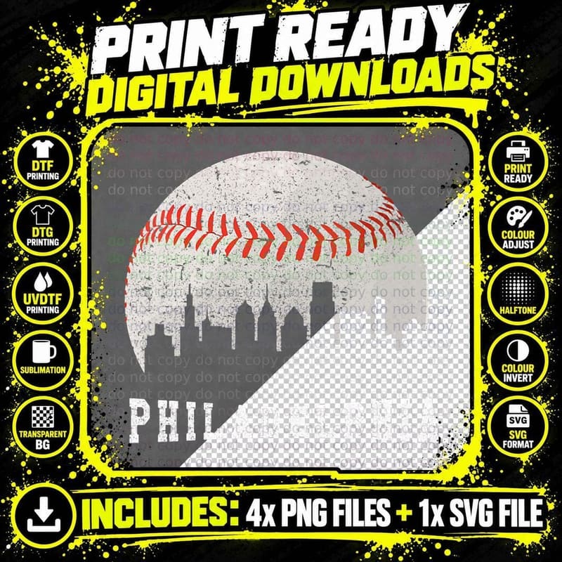 Philly Skyline - Vintage Philadelphia Baseball Fans Png SVG Digital Bundle