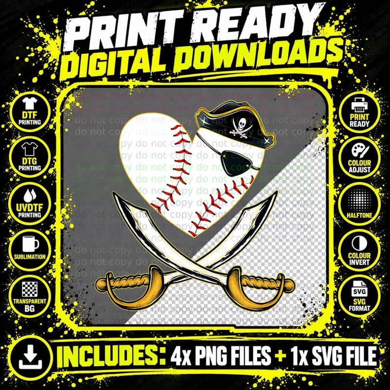 The Vintage Pirate Baseball Heart with Skull Hat Png SVG Digital Bundle