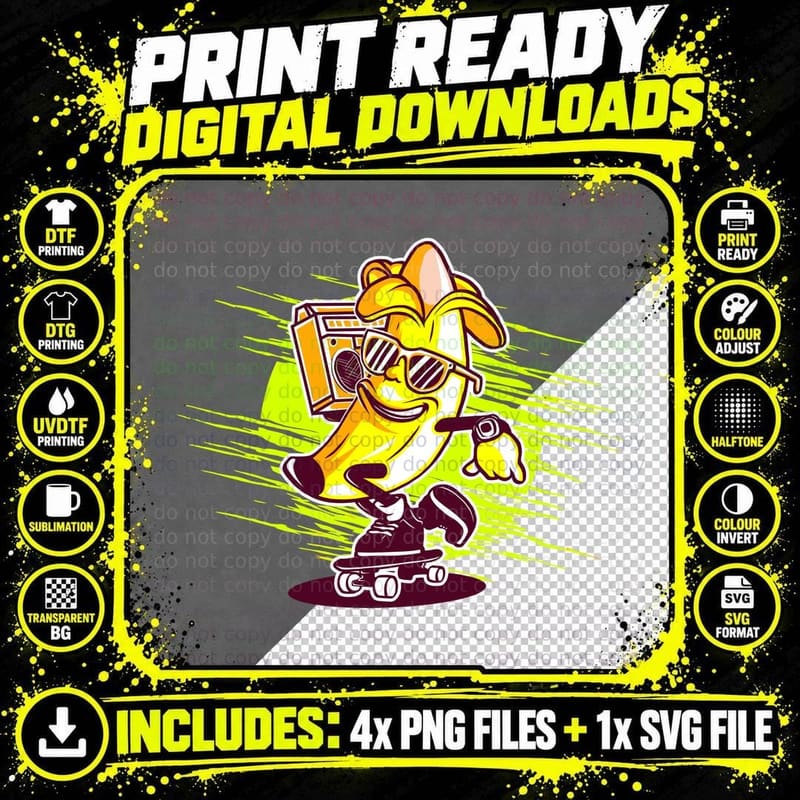 Banana Skateboard Zoom Fruit Comic T-Shirt Png SVG Digital Bundle
