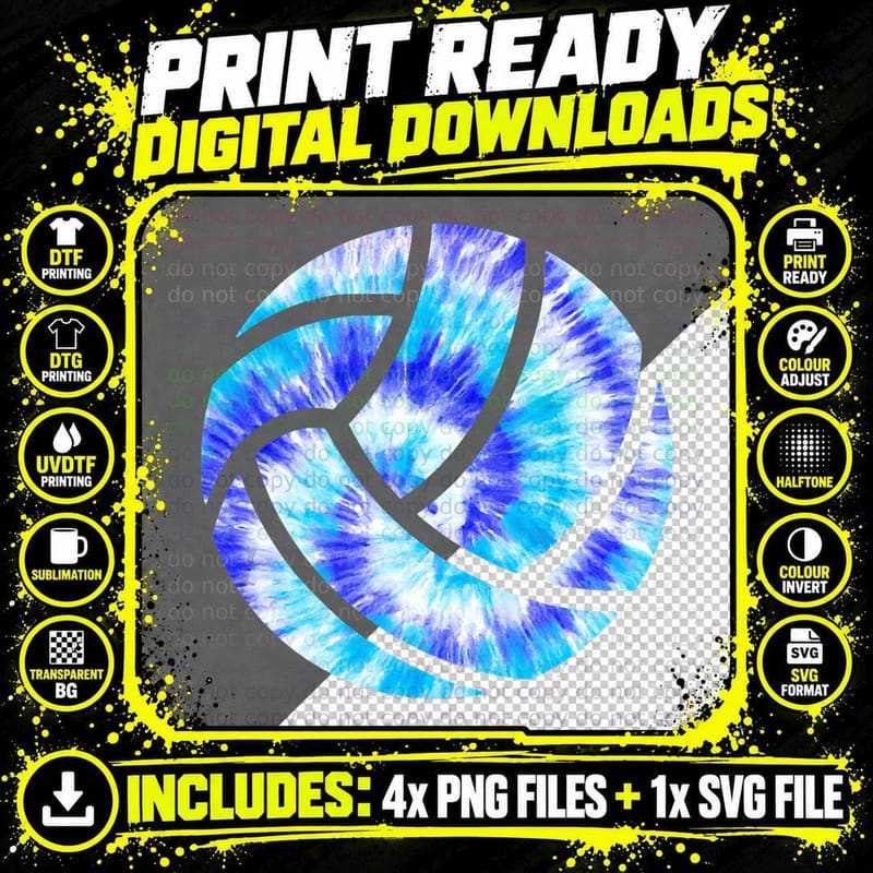 Blue Tie Dye Volleyball Hippie Peace Lover Mens Boys Png SVG Digital Bundle