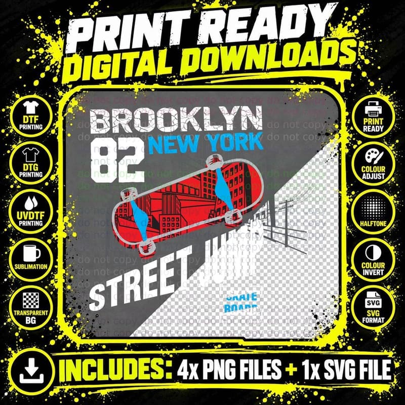 Brooklyn Street 82 New York Jump Skateboard Urban Text Png SVG Digital Bundle