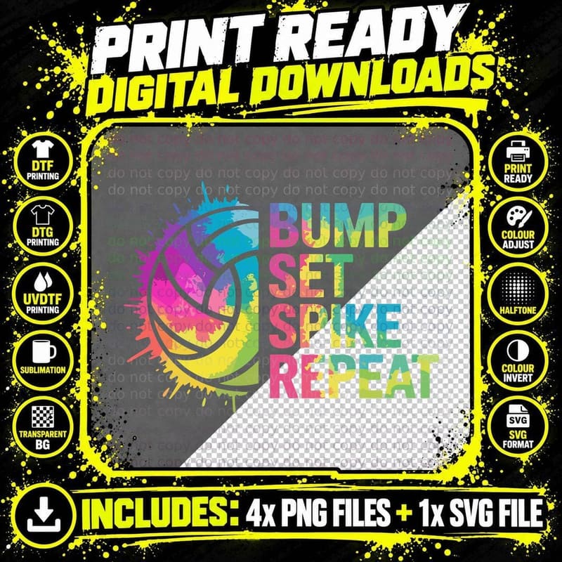 Bump Set Spike Repeat Volleyball T-Shirt Png SVG Digital Bundle