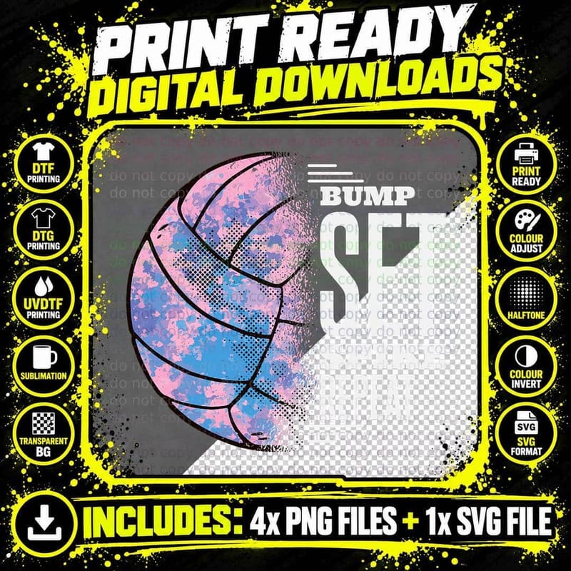 Bump Set Spike Repeat, Volleyball Player Coach & Fan Png SVG Digital Bundle