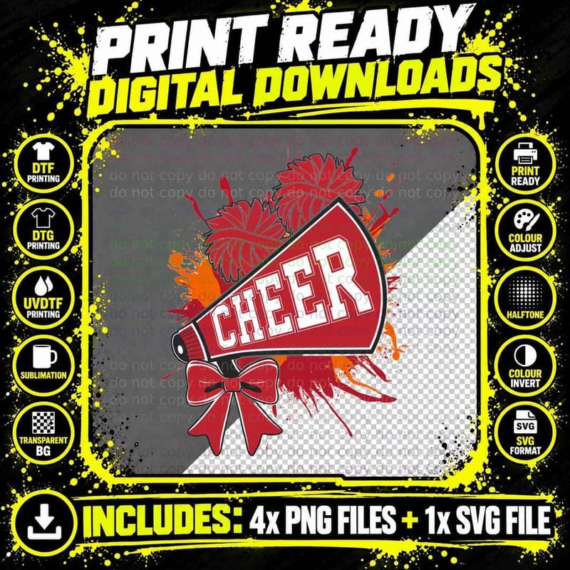 Cheer T-Shirt, Cheerleading Megaphone with Bow Graphic Png SVG Digital Bundle