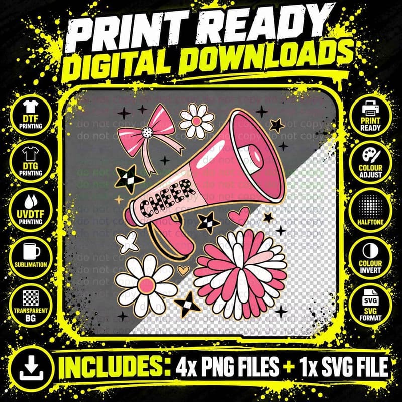 Cheer T-Shirt, Cheerleading Megaphone with Flowers Png SVG Digital Bundle