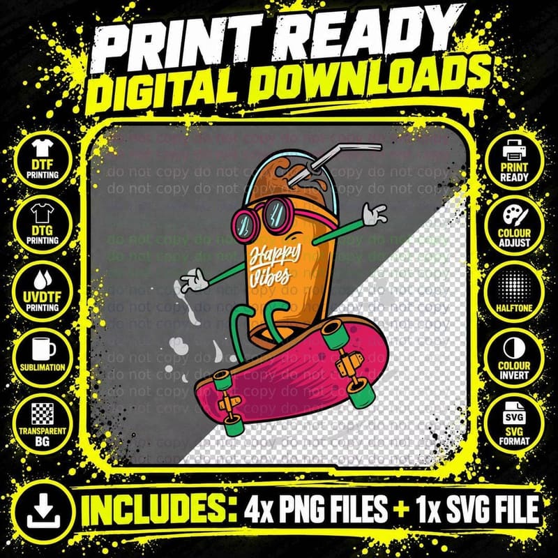Drink Skateboard Happy Vibes Juice Cup Character Orange Png SVG Digital Bundle