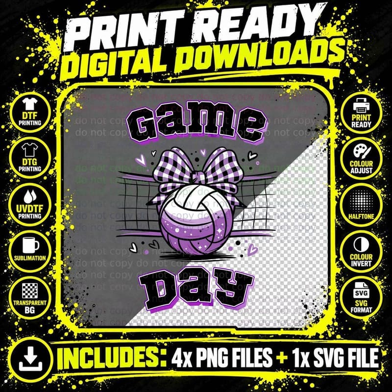 Game Day Volleyball T-Shirt, Purple Volleyball with Bow Png SVG Digital Bundle