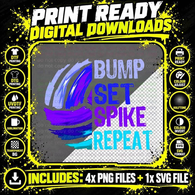 Girls Volleyball Bump Set Spike Repeat Blue Purple Teen Png SVG Digital Bundle