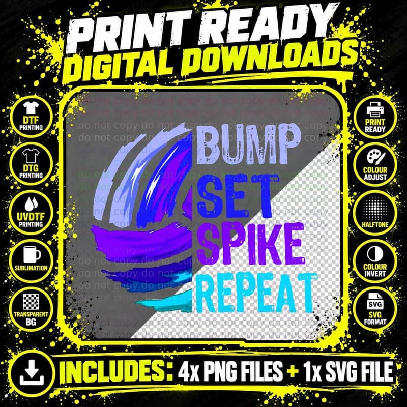 Girls Volleyball Bump Set Spike Repeat Blue Purplen Png SVG Digital Bundle