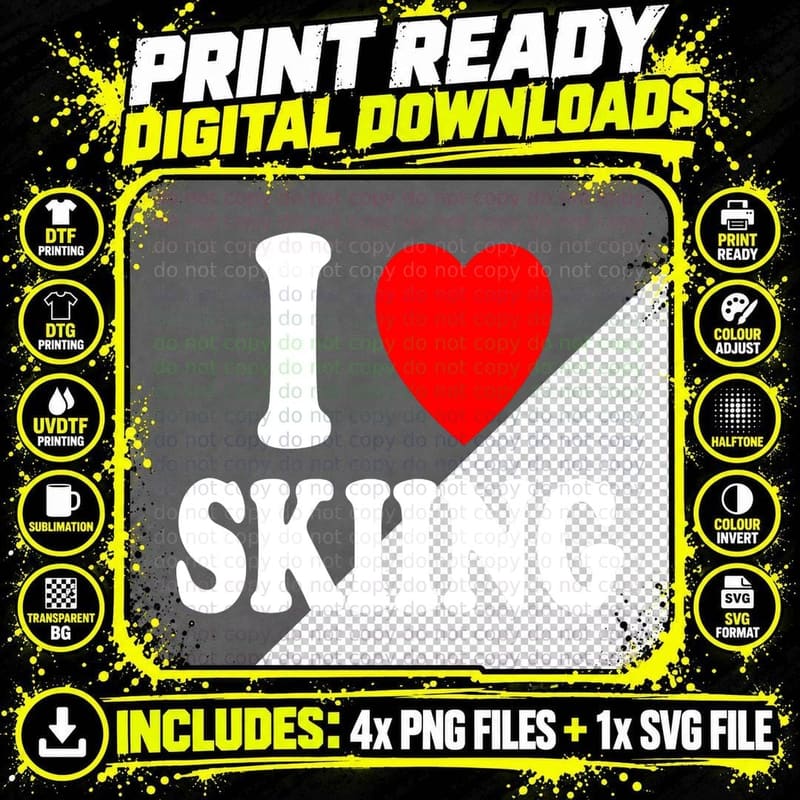 I Heart (Love) Skiing Hobby Winter Mountains Snow Sports Png SVG Digital Bundle