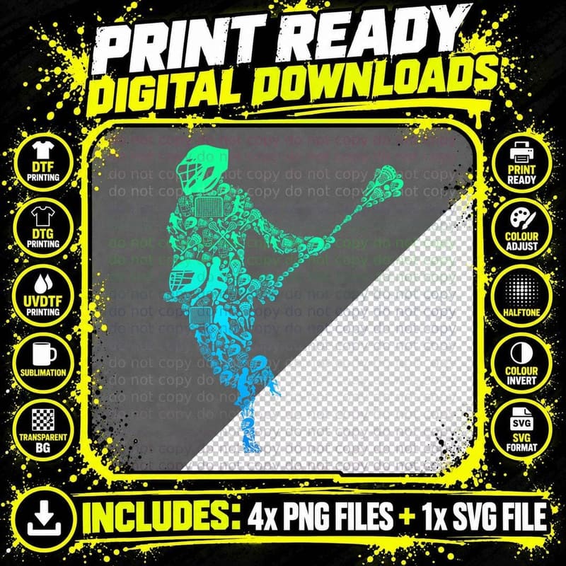 Lacrosse Player Mosaic Silhouette Teal Gradient Png SVG Digital Bundle