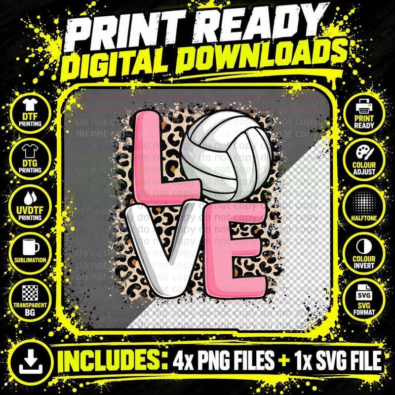 Love Volleyball Leopard Print Women Girls Volleyball Png SVG Digital Bundle
