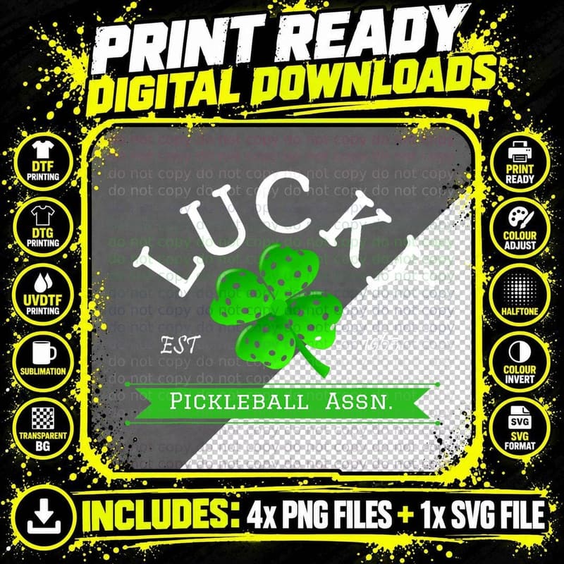 Lucky Pickleball Green 4 Leaf Clover T-Shirt Png SVG Digital Bundle