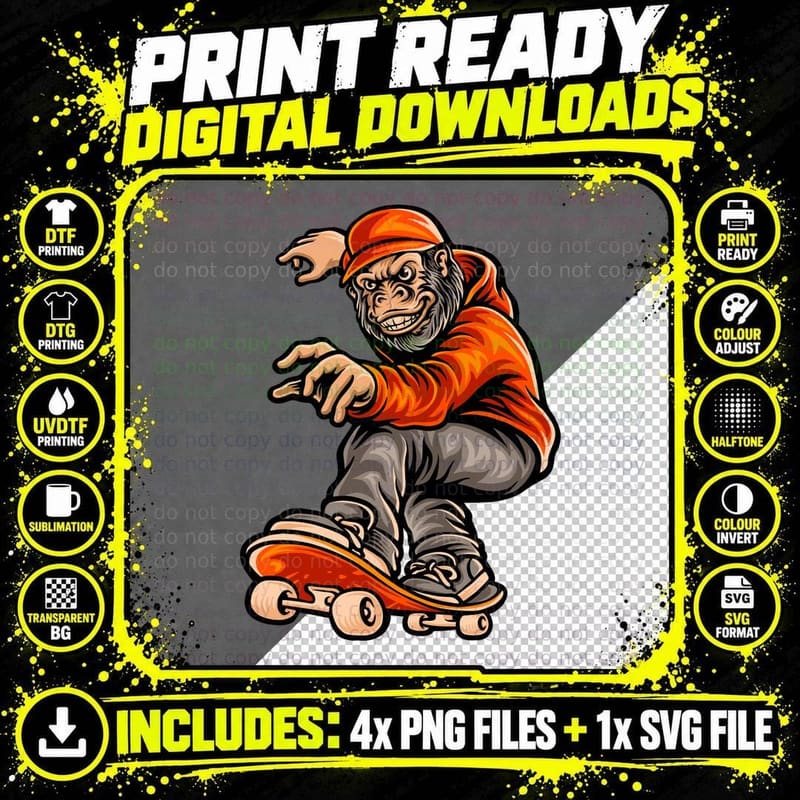 Monkey Skateboard Orange Red Brown Ape T-Shirt Png SVG Digital Bundle