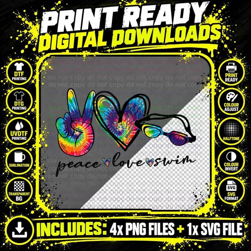 Peace Love Swim Goggles Tie Dye Swimmer Png SVG Digital Bundle