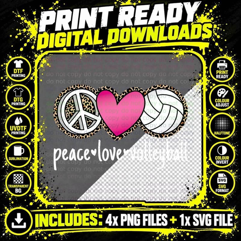 Peace Love Volleyball Leopard Print Women Girls Png SVG Digital Bundle