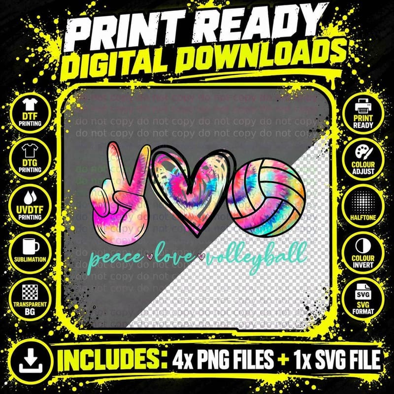 Peace Love Volleyball Player Tie Dye Style Women Teen Png SVG Digital Bundle