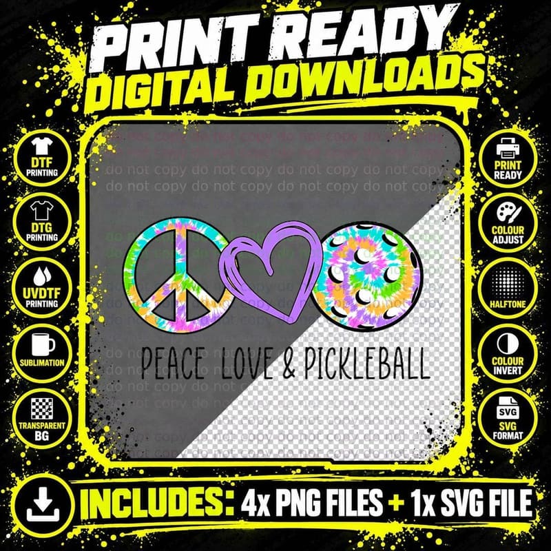 Pickleball for Girls Purple Tie Dye Peace Love Png SVG Digital Bundle