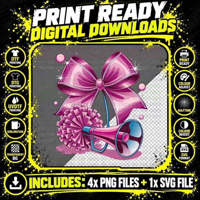 Pink Cheerleading Megaphone with Bow Cheer T-Shirt Png SVG Digital Bundle