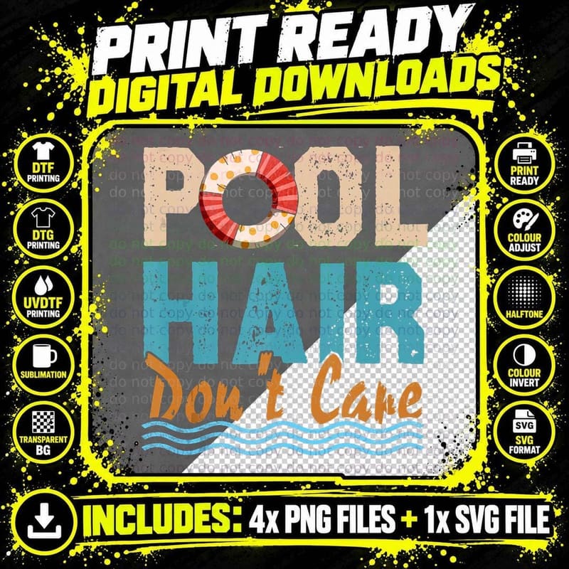 Pool Hair Don't Care Swim Teachers - Swimming Themed Png SVG Digital Bundle