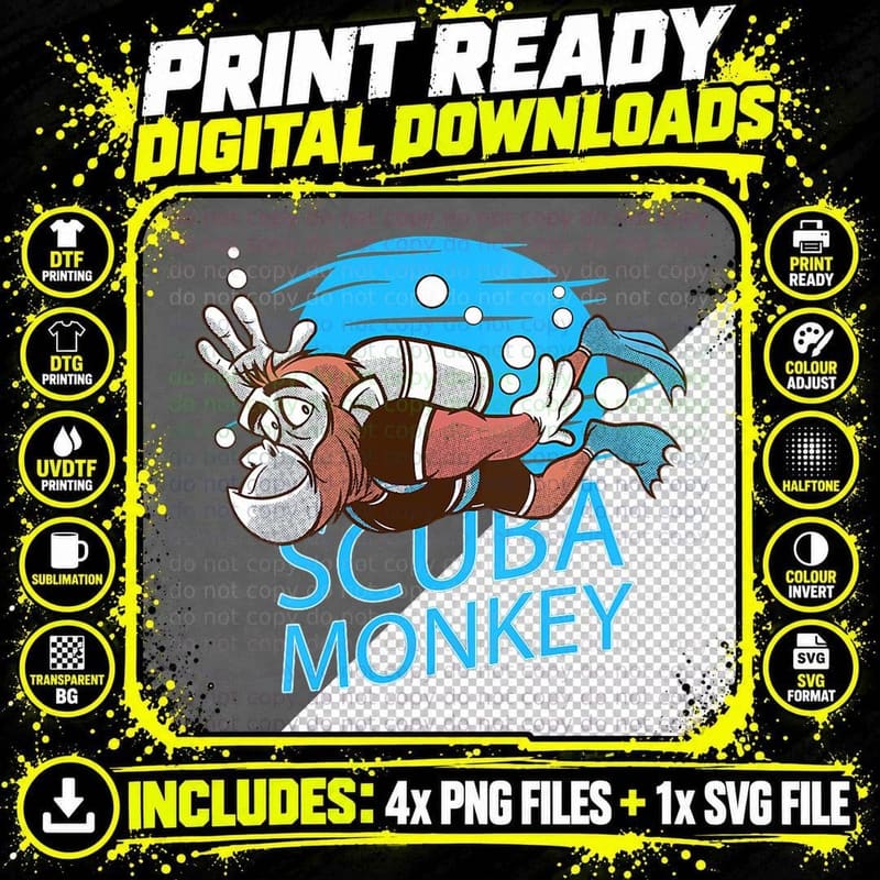 Scubadiving Monkey Swimming Diving T-Shirt Png SVG Digital Bundle