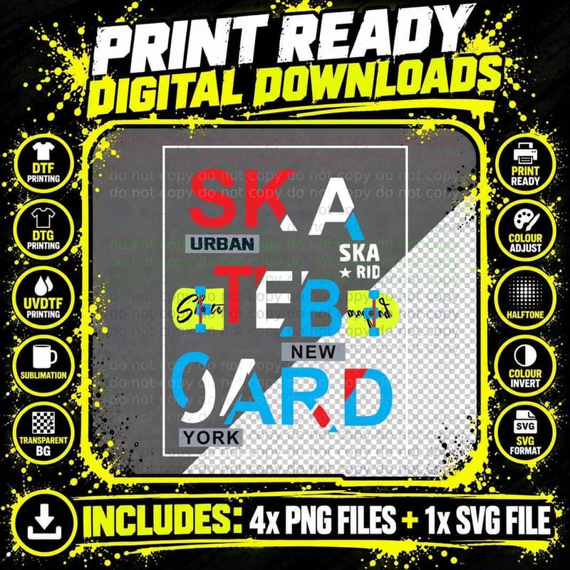 Ska Urban Rid Skateboard New York Geometric Neon Graphic Png SVG Digital Bundle