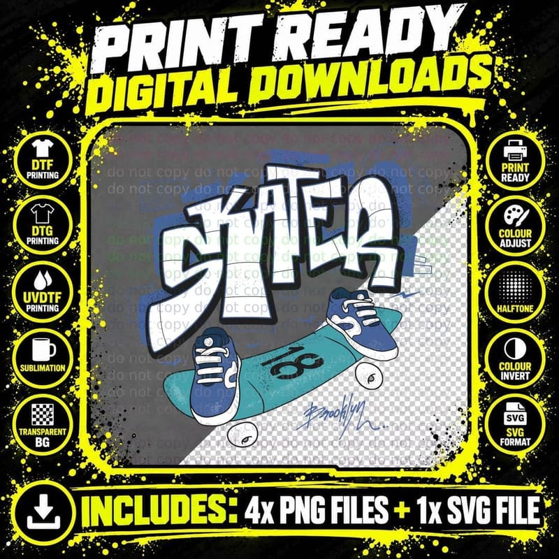 Skater Skateboard Shoes Graffiti Streetwear Blue T-Shirt Png SVG Digital Bundle