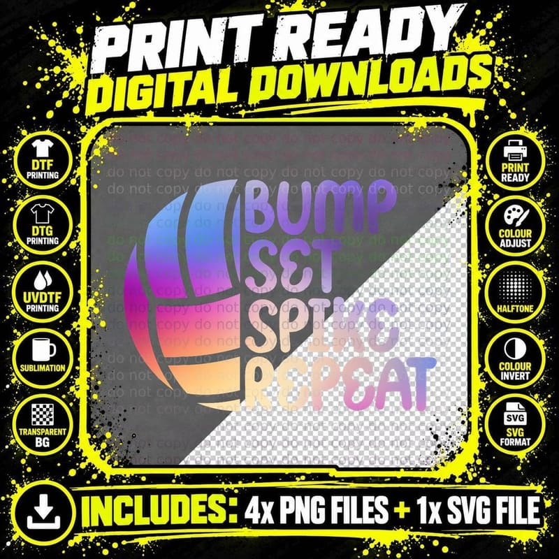 Sports Lovers Fan Volleyball Shirt Bump Set Spike Repeat Png SVG Digital Bundle