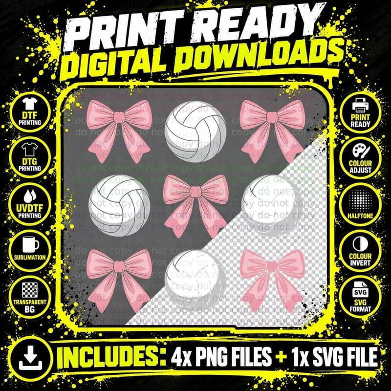 Volleyball Bows Pattern Volleyball T-Shirt Png SVG Digital Bundle