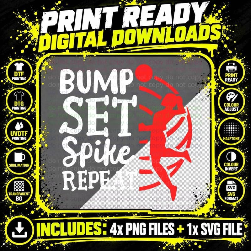 Volleyball Bump Set Spike Repeat T-Shirt Png SVG Digital Bundle