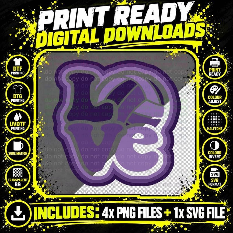 Volleyball Love Violet & Purple for Teens & Women T-Shirt Png SVG Digital Bundle