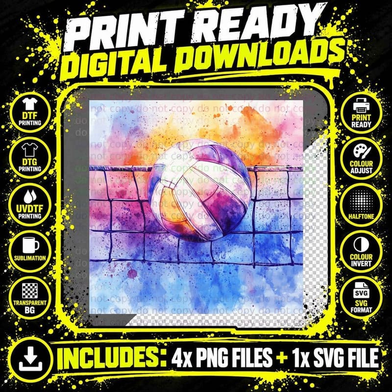 Volleyball Net Watercolor Art Volleyball T-Shirt Png SVG Digital Bundle