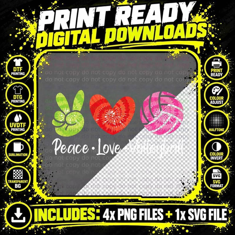 Volleyball Shirt Tie Dye Peace Love Volleyball Sport Png SVG Digital Bundle