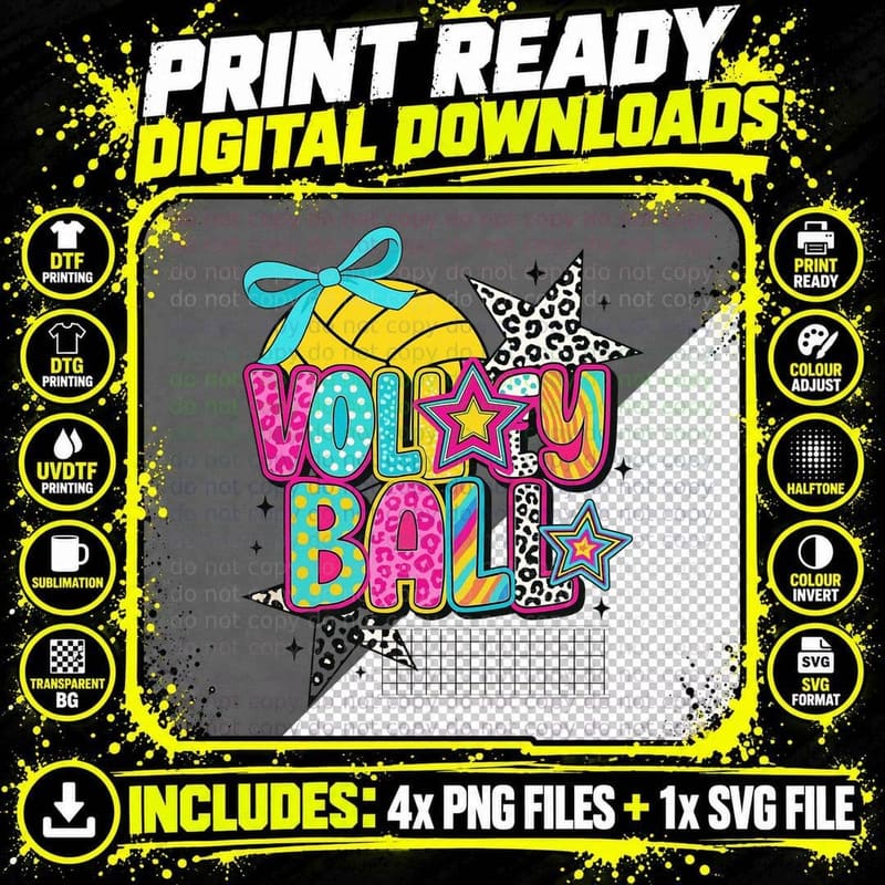 Volleyball T-Shirt, Colorful Volleyball with Stars Png SVG Digital Bundle