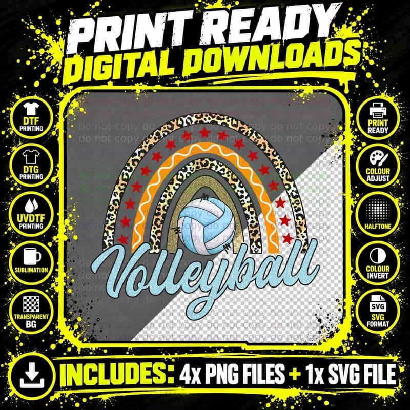 Volleyball T-Shirt, Leopard Rainbow Volleyball Graphic Png SVG Digital Bundle