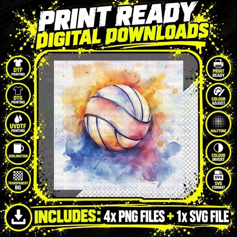 Watercolor Volleyball Splash Volleyball T-Shirt Png SVG Digital Bundle