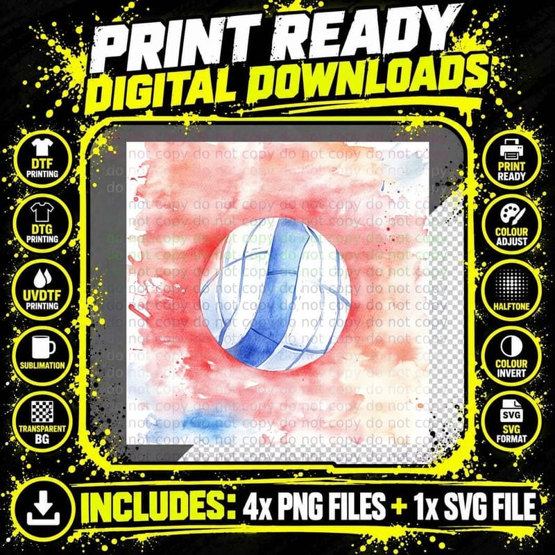 Watercolor Volleyball on Red Background Volleyball Png SVG Digital Bundle