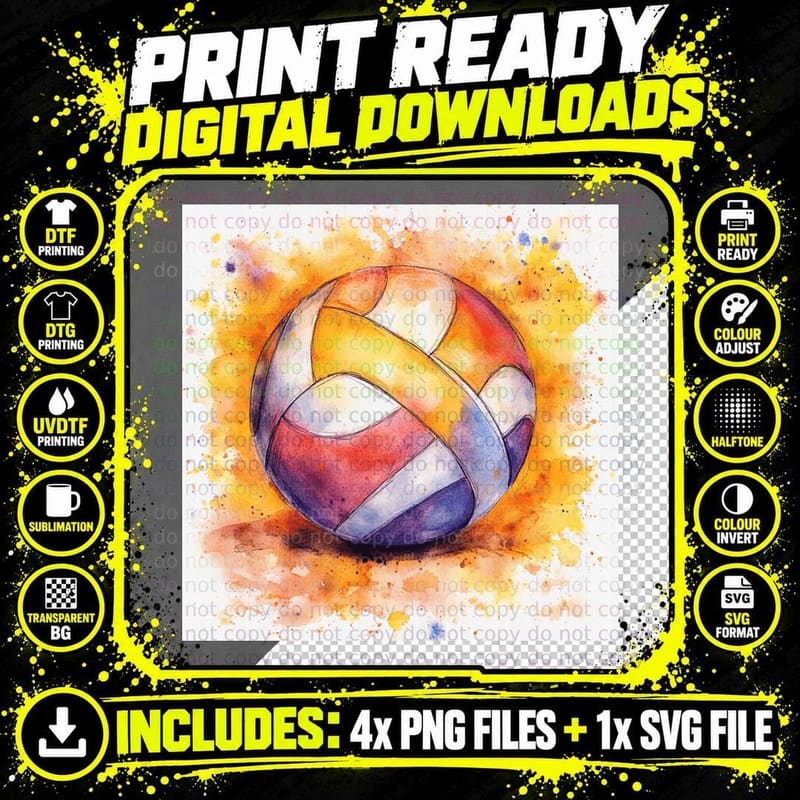 Watercolor Volleyball on Vibrant Background Volleyball Png SVG Digital Bundle