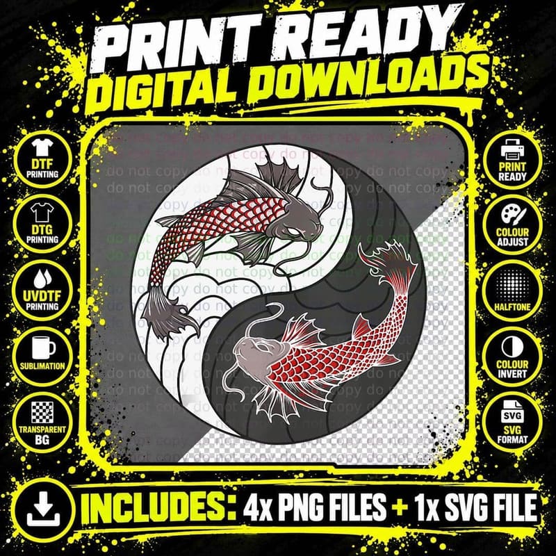 Yin Yang Japanese Koi Fish, Swimming Enthusiast Gift Png SVG Digital Bundle
