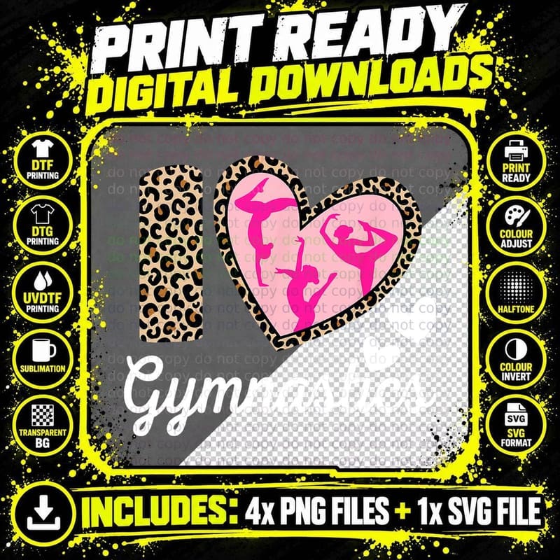 Cute I Love Gymnastics Leopard Print Women Girls Acrobat Png SVG Digital Bundle