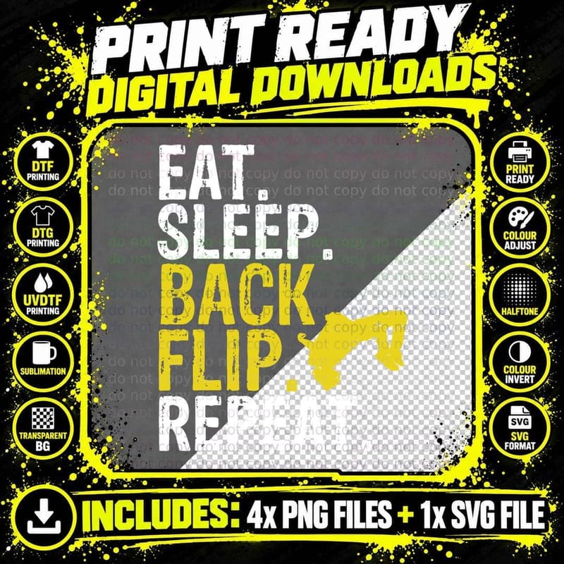 Eat Sleep Back Flip Repeat Acrobat Gymnastics Gift Png SVG Digital Bundle