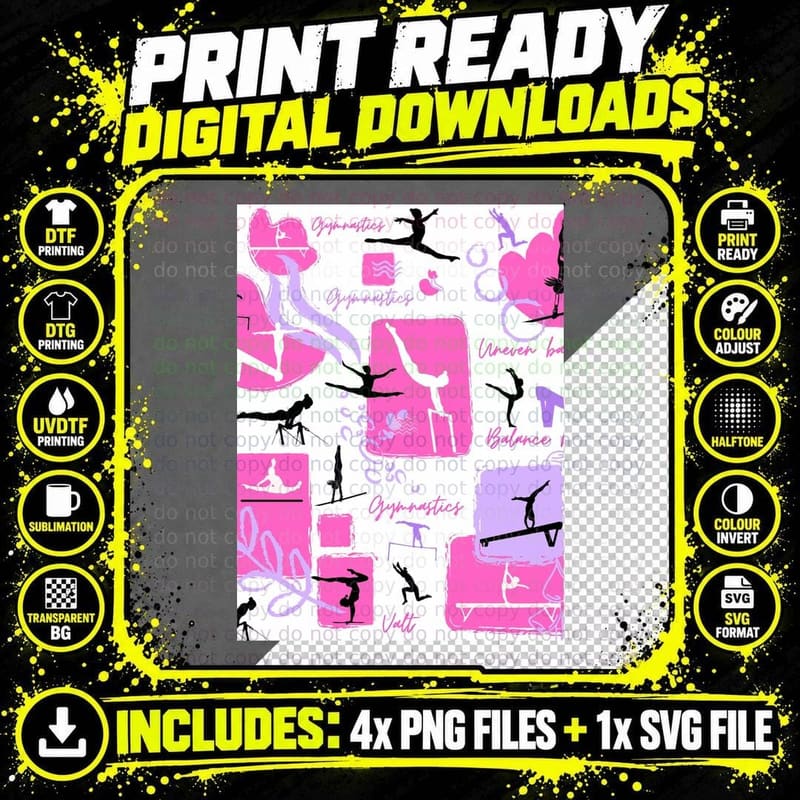 Gymnastics T-Shirt, Pink and Purple Silhouette Pattern Png SVG Digital Bundle