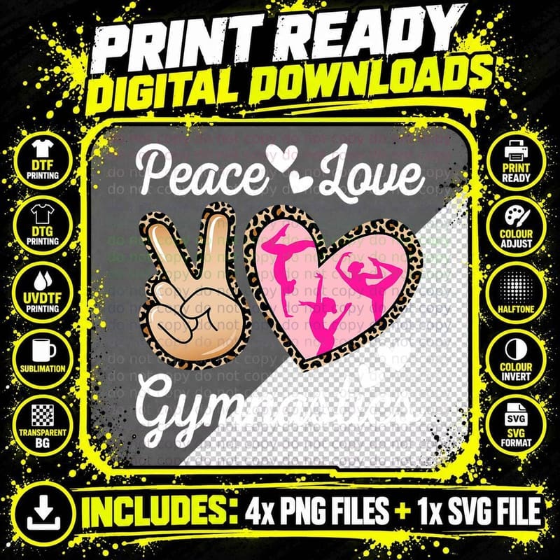 Peace Love Gymnastics Leopard Print Women Girls Acrobat Png SVG Digital Bundle