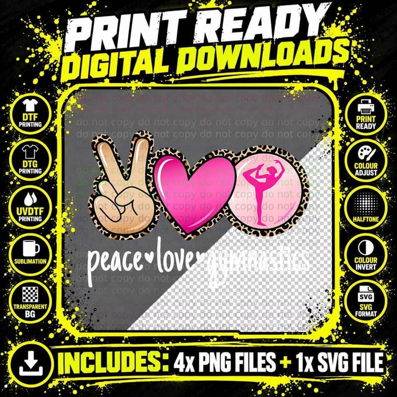 Peace Love Gymnastics Leopard Print Women Girls Gymnast Png SVG Digital Bundle