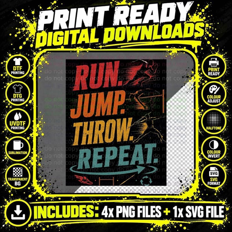 Run Jump Throw Repeat Athletics Track and Field Sports Png SVG Digital Bundle